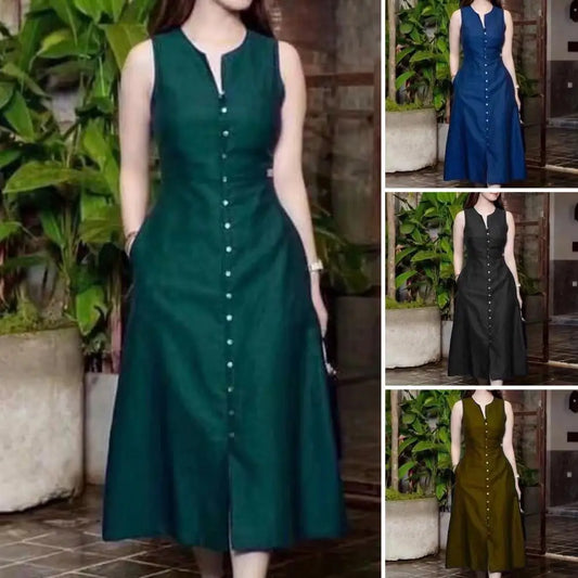 Summer Women Solid Color Dress Elegant V Neck Midi Dress with Pockets Buttons A-line Mid-calf Length Tight Waist Lady Midi Dress