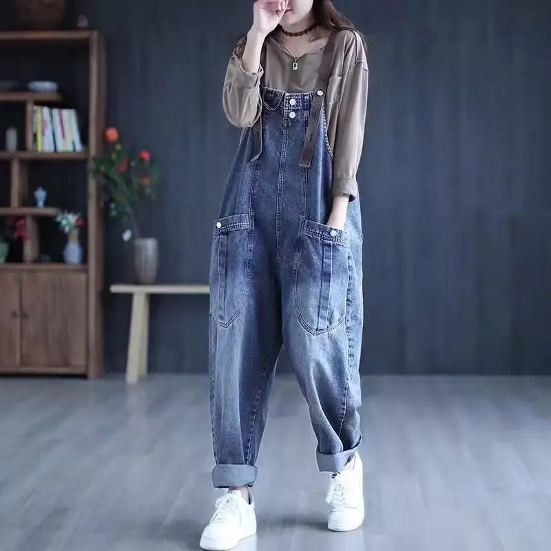 Bleached Jeans Ankle Length Women Overalls Washed Loose Fit Denim Harem Pants Spliced Pockets High Street Jean Solid 2024