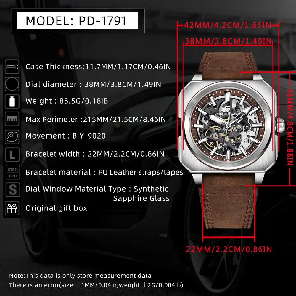 PAGANI DESIGN 38mm Square Luminous Dial 50m Waterproof Tourbillon Men's Mechanical Automatic Watch 2024 Hot Selling PD1791