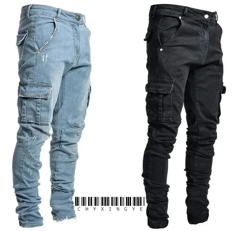 New Summer Men's Denim Pants Old Blue Washed Male Jeans Straight Casual Menwear Loose Wide Leg Trousers Street Elastic Jeans