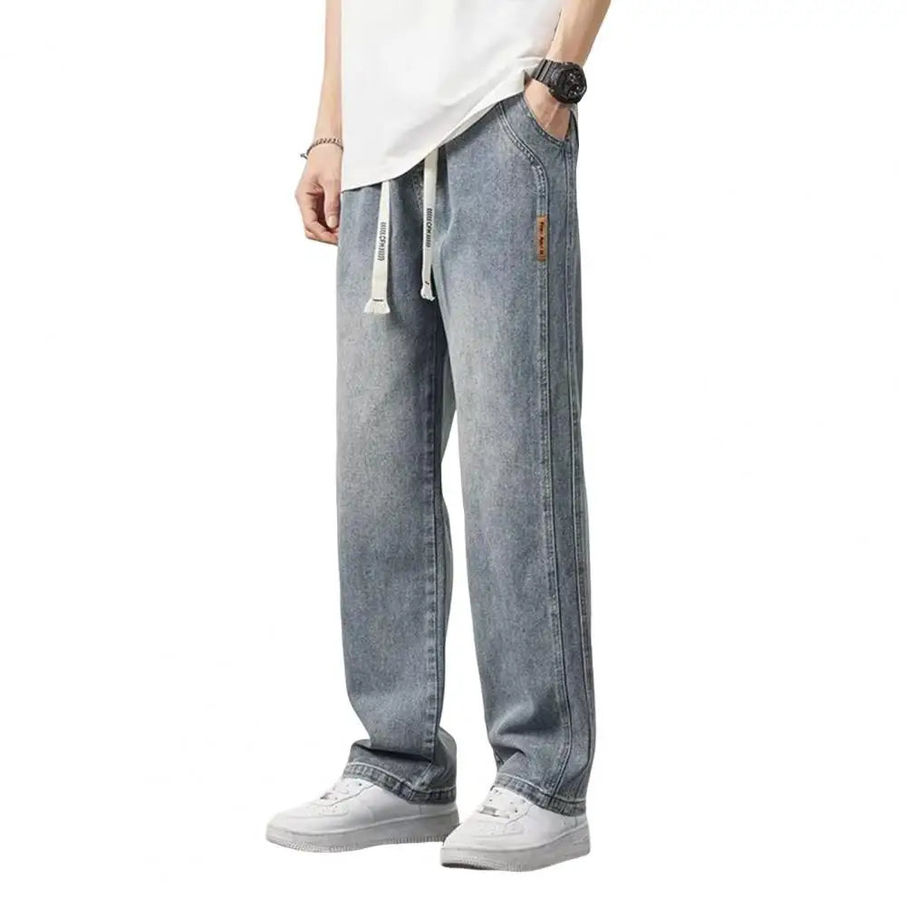 Non-deformed Men Gradient Color Jeans Versatile Men's Elastic Waist Denim Pants Adjustable Drawstring Solid Color for Casual