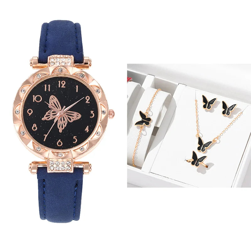 5PCS/Set Fashion Rhinestone Butterfly Women Watch Jewelry Set New Women's Bracelet Watches Waterproof Matching