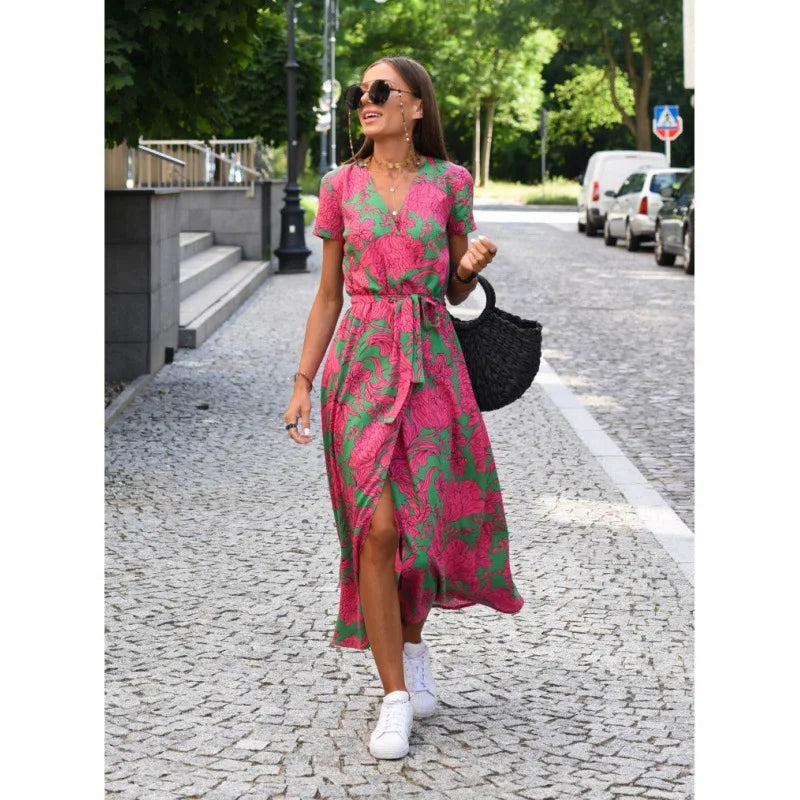 Women V Neck Split Lace-up Dress Floral Print Long Dresses Summer Sexy Female Casual Elegant Short Sleeve Beach Dress Vestidos