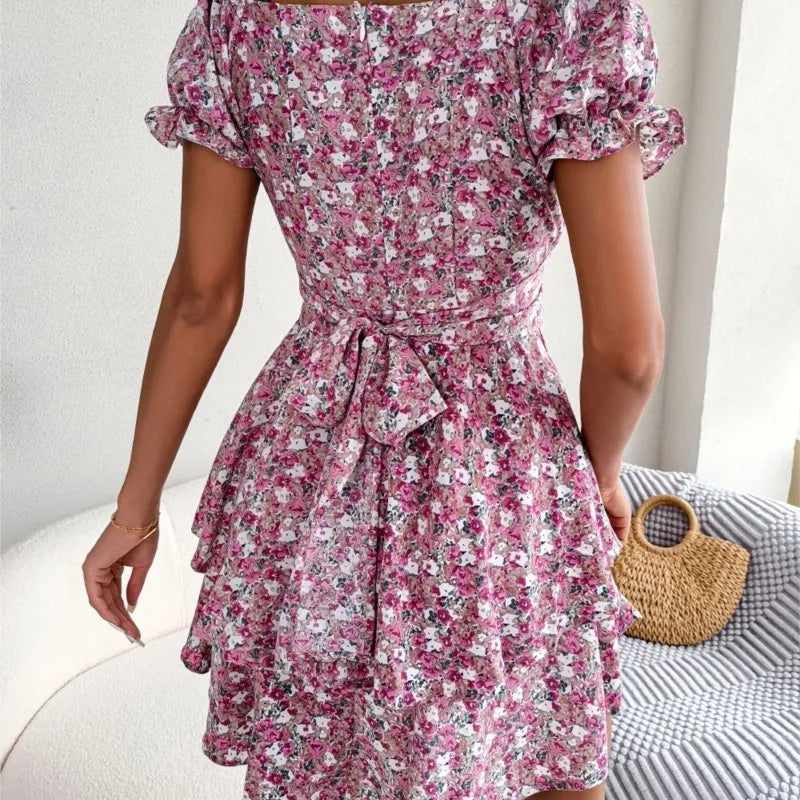 Dress For Women Summer Temperament, Sexy Square Neckline, Floral Pattern, Waist Cinching, Big Swing, Short Skirt Dress For Women