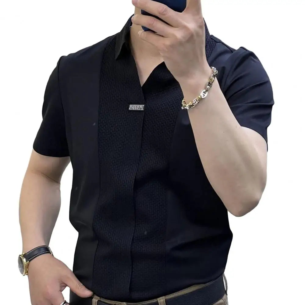 Men Short-sleeve Shirt Formal Business Style Men's Summer Shirt With Turn-down Collar Short Sleeves Slim Fit Patchwork Soft