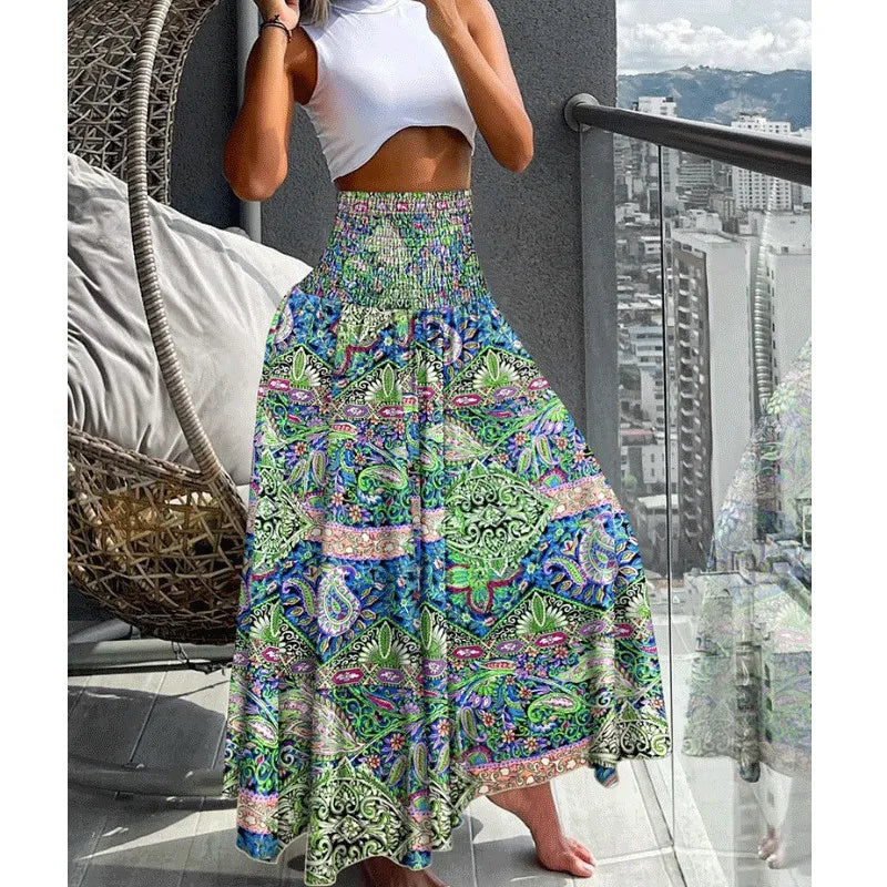 Mandylandy Summer Big Swing Skirts High Waist Slimming Printed Skirt Large Swing Skirt for Women Casual Bohe Streetwear Skirts