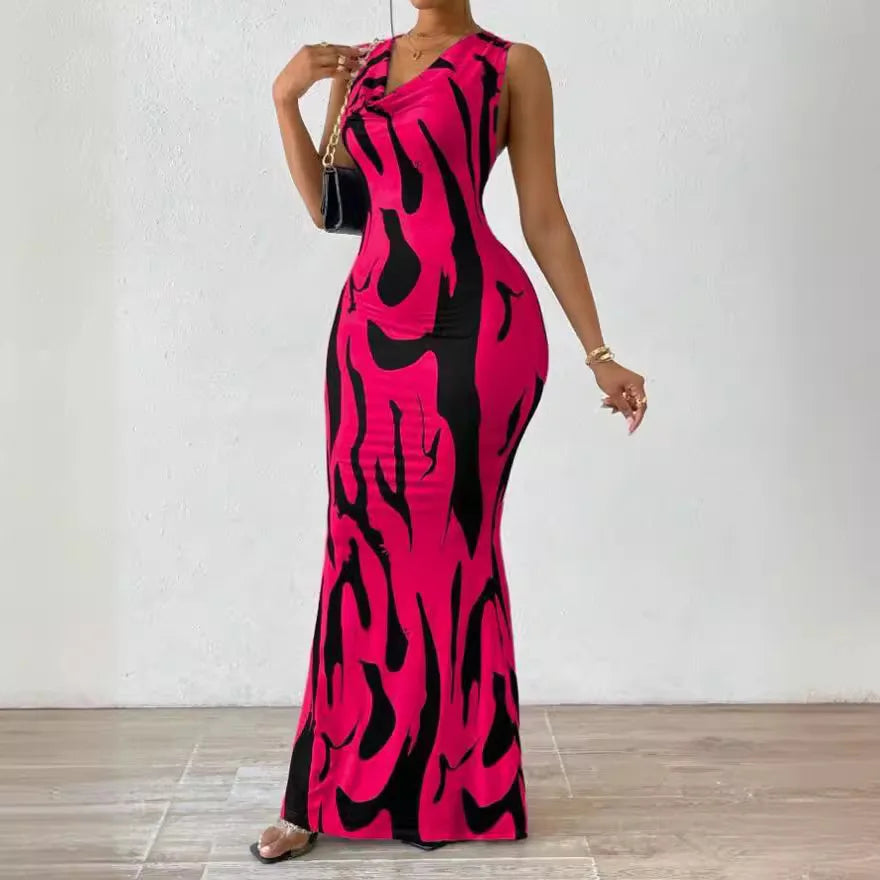 Women Print Dress Sleeveless Splice Slim Fit Long Dresses Midi Waist Wrap Hip Vestidos Elegant Office Lady Summer 2024