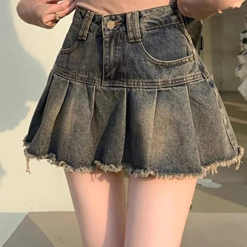 Fashionable And Sweet Korean Style High Waist Denim Pleated Skirt For Women