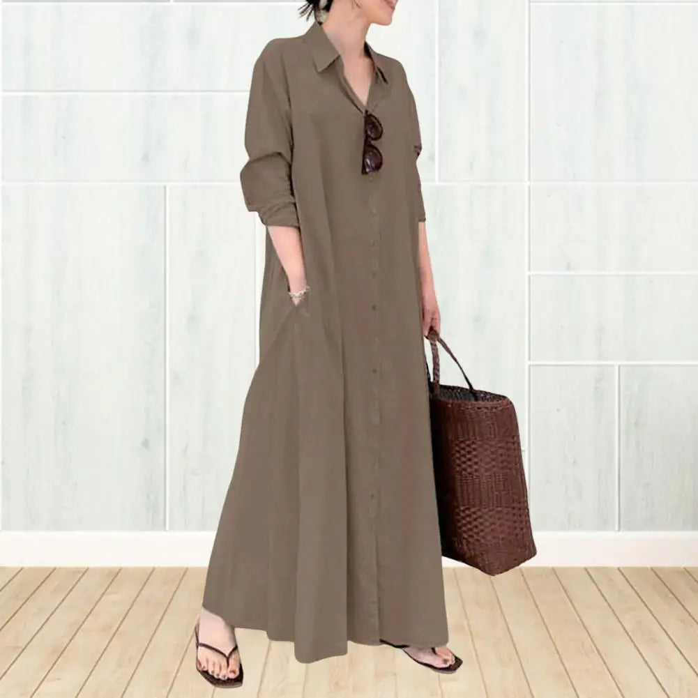 Loose Cut Button Closure Dress Spring Maxi Dress with Turn-down Collar Single-breasted Long Sleeve Ankle Length Women's Loose