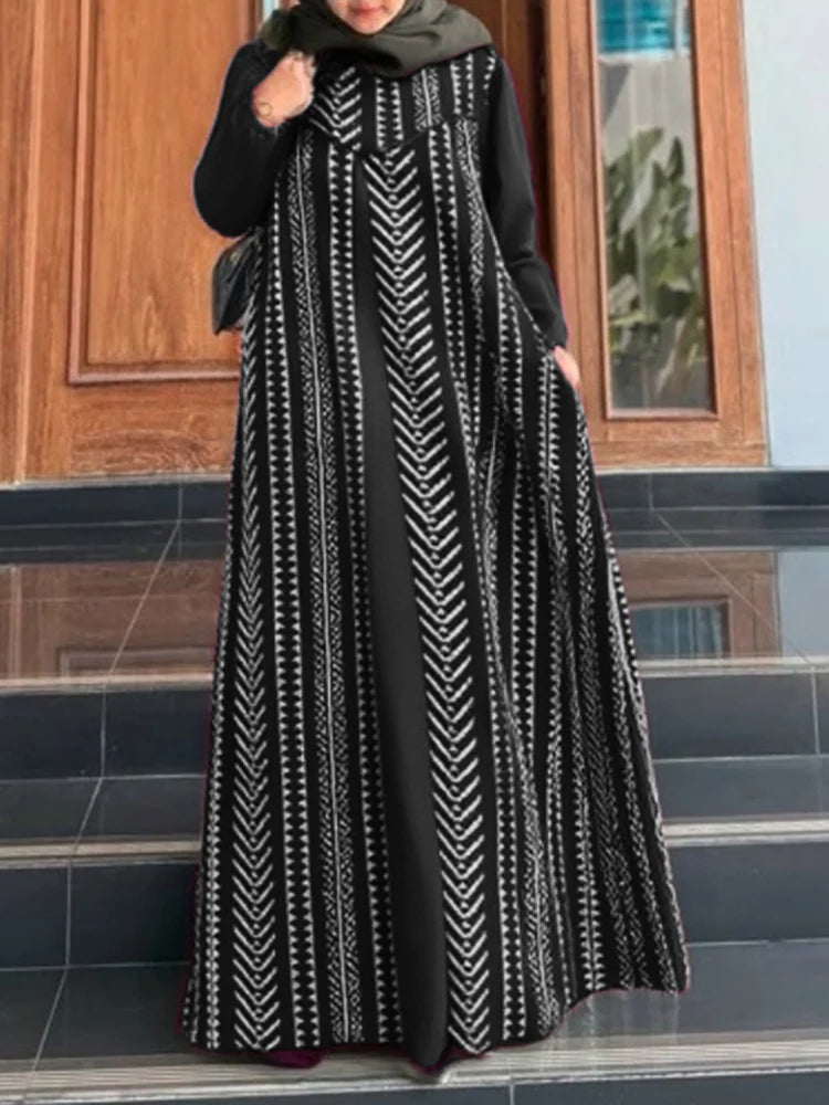 ZANZEA Spring Patchwork Maxi Dresses Elegant Women Long Sleeve Muslim Abaya Dress Robe Femme Islamic Vestidos Printed Sundres