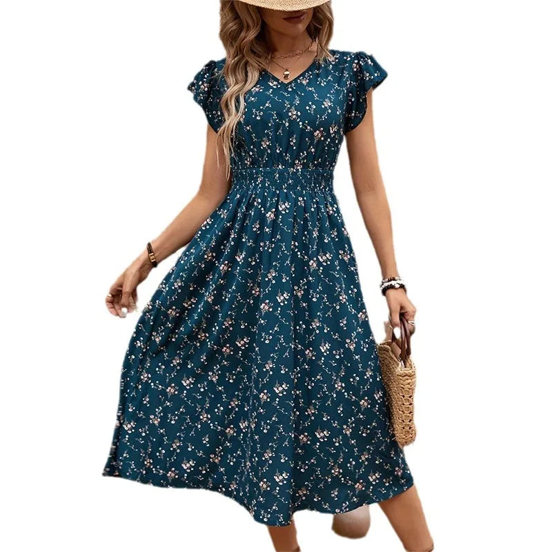 Elegant Floral Long Dress 2025 Summer Women's Fashionable V-neck Printed Short Sleeved Elastic Waist Casual Midi Dress Vestidos