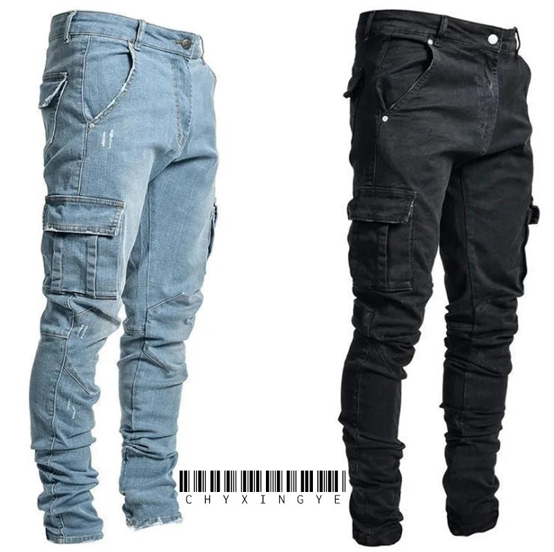 Mens Stretchy Skinny Ripped Jeans Men Side Pocket Washed Slim Denim Pants Biker Jeans Fashion Sweatpants Hip Hop Trousers Jogger