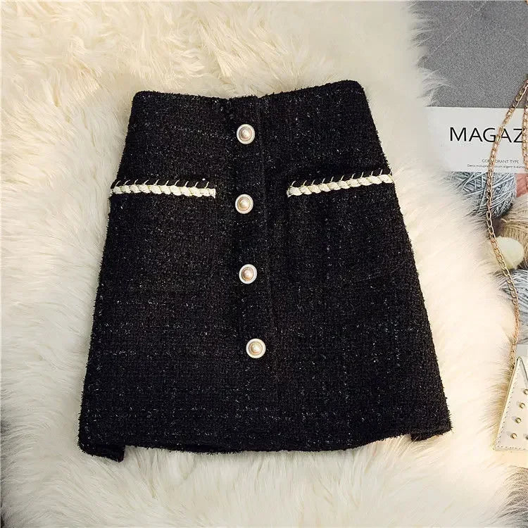 Black White Tweed Long Skirts Women Autumn Winter New Bright Silk Skirt Female Vintage High Waist A-line Wrap Skirt Office Lady