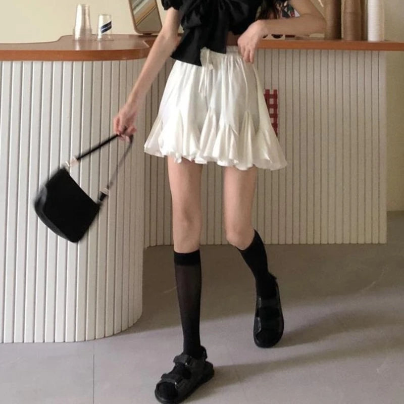 A-line Skirts Women High Waist Sweet Ins Korean Fashion Temperament Anti-exposure Ruffles All-match Students Summer Casual Mini