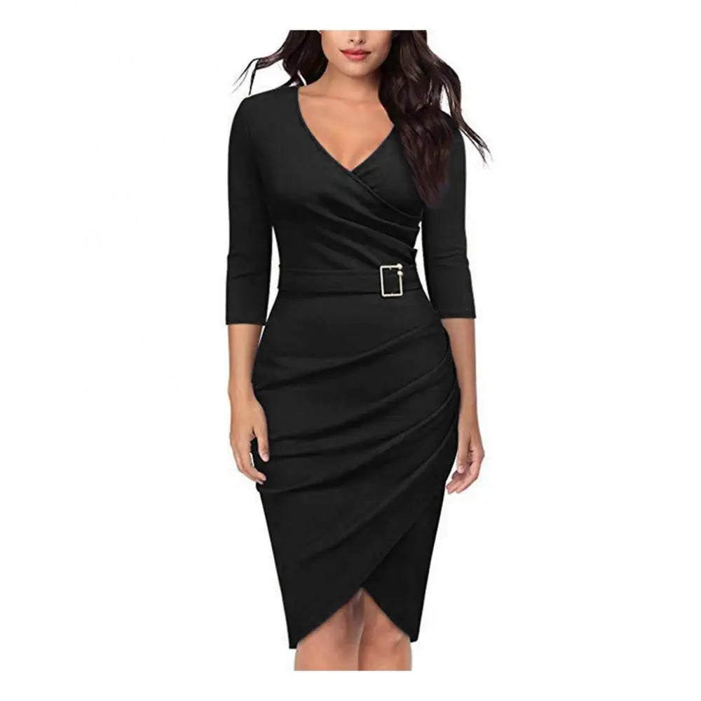 Hot apparel summer Solid Color Women V Neck 3/4 Sleeve High Waist Belted Irregular Pencil Dress