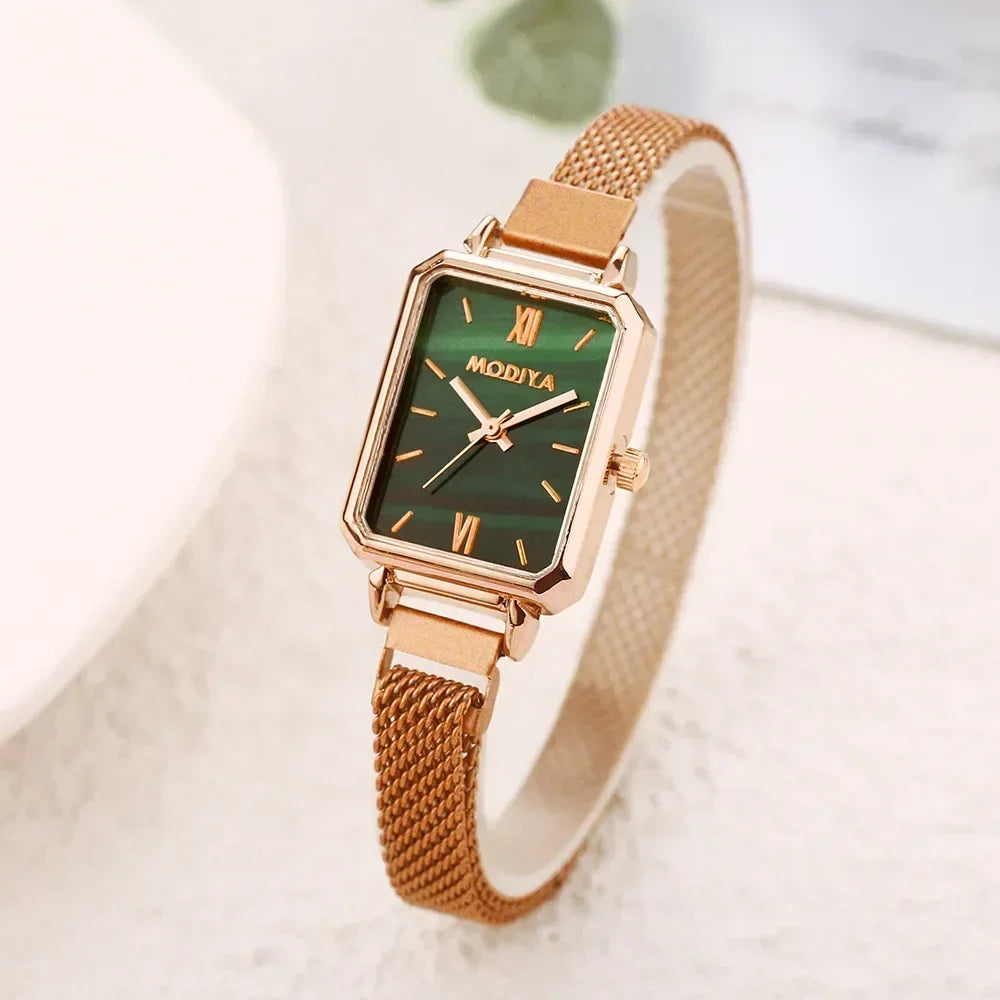 2024 New Women Watches Fashion Square Ladies Quartz Watch Magnetic Strap Green Dial Simple Rose Gold Mesh Luxury Women Watches