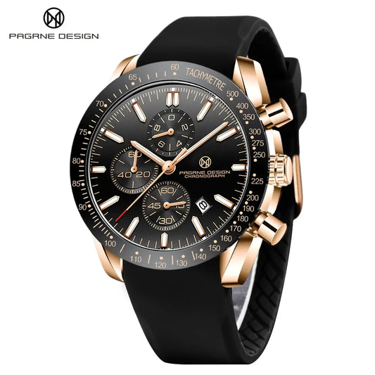 PAGRNE DESIGN Luxury Fashion Sport Men's Quartz Watch Stainless Steel Multifunctional Chronograph 44mm Waterproof 30m Wristwatch