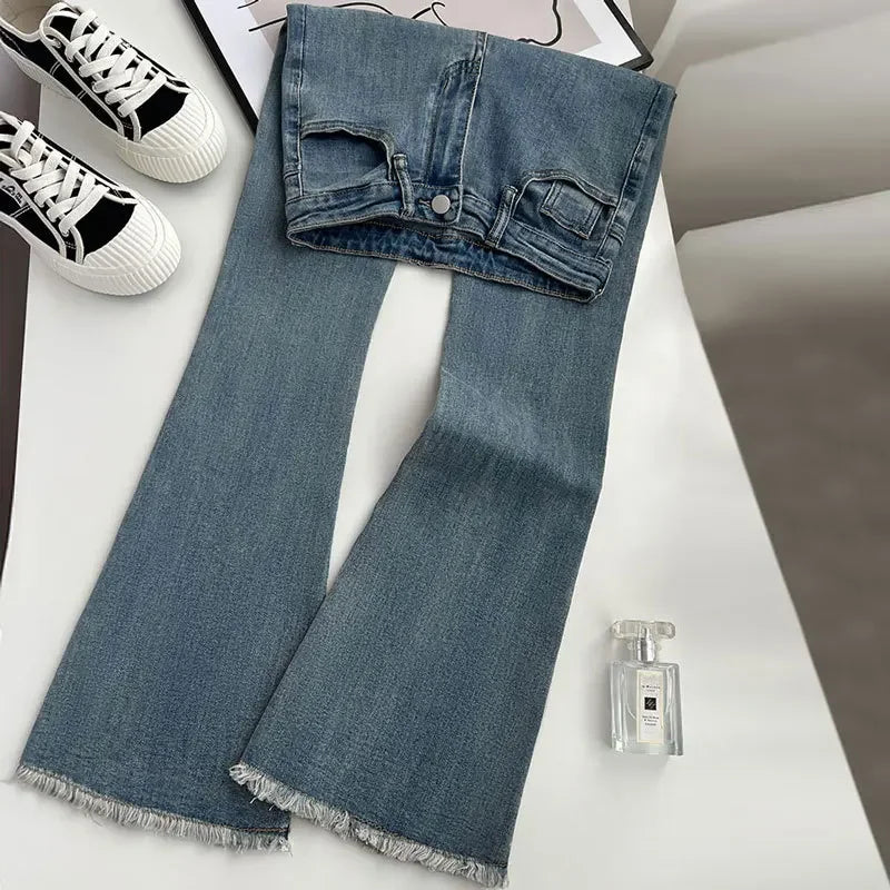 American Retro Micro-flared Jeans, Women's Autumn and Winter Fashion Slim-fit High-waisted Stretch Long Pants,Floor-length Jeans