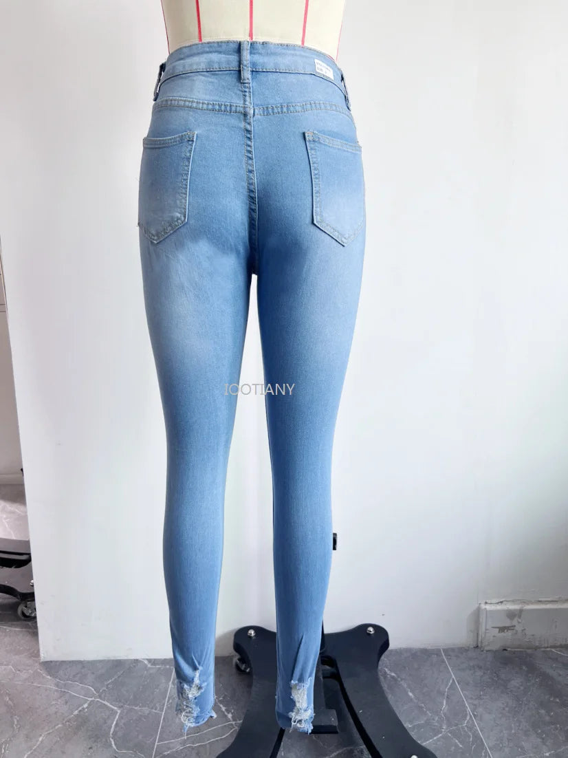 New Trendy Casual High Street Ripped Pencil Jeans Mid Waist Ripped Pocket Design Regular Stretchy Denim Pants Calf Pants