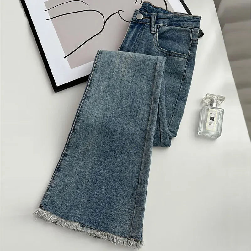 American Retro Micro-flared Jeans, Women's Autumn and Winter Fashion Slim-fit High-waisted Stretch Long Pants,Floor-length Jeans