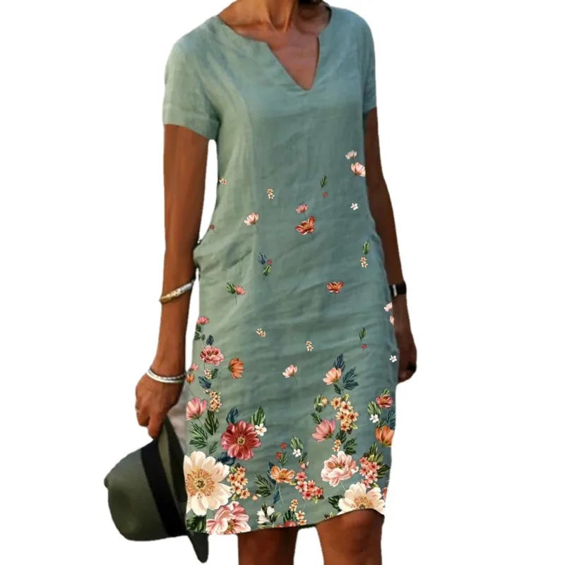 Casual Loose Print Vintage Summer Women Printed Cotton Short Sleeved V-neck Sexy Midi Dresses Elegant Vestido Feminino S-5xl