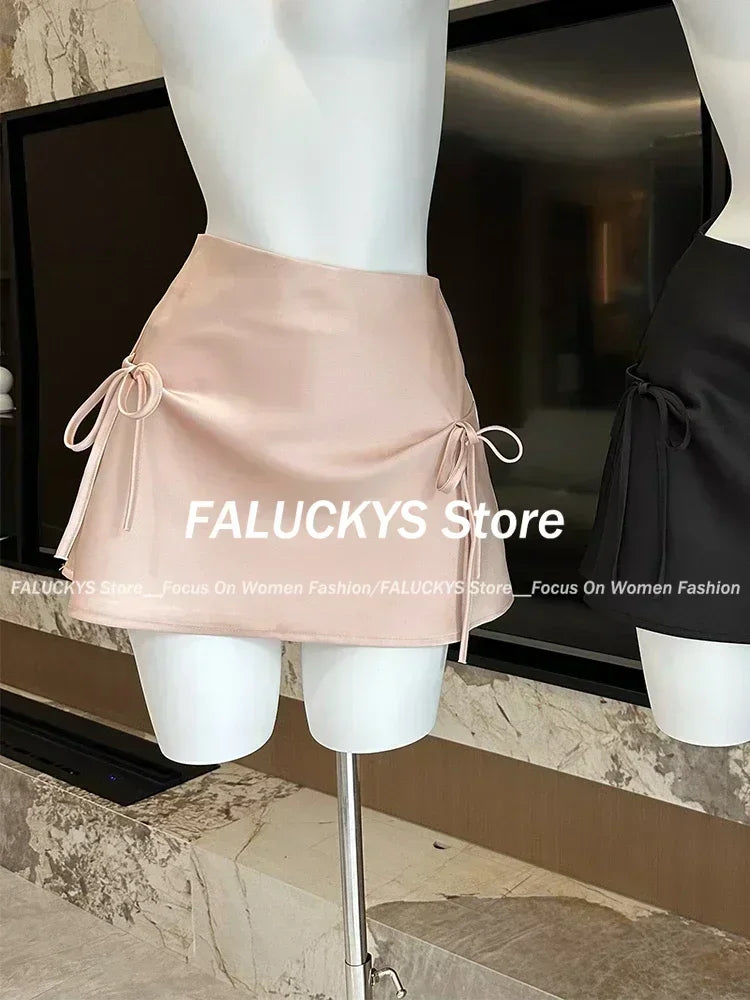 Bow Lace-up Satin Y2k Mini Skirts Women Pink Korean Style A-Line Skirts Summer 2024 High Waist Sexy Slim Sweet Short Skirts New