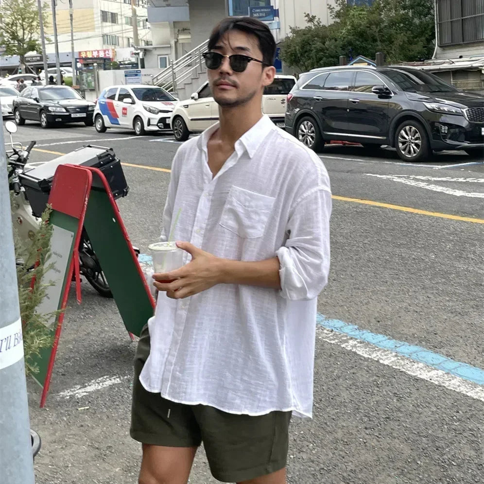 2024 Unisex Oversized Linen Shirt Coat Men's Long Sleeve Casual Loose Fit Fashion Japanese Korean Style Sun Protection Clothing