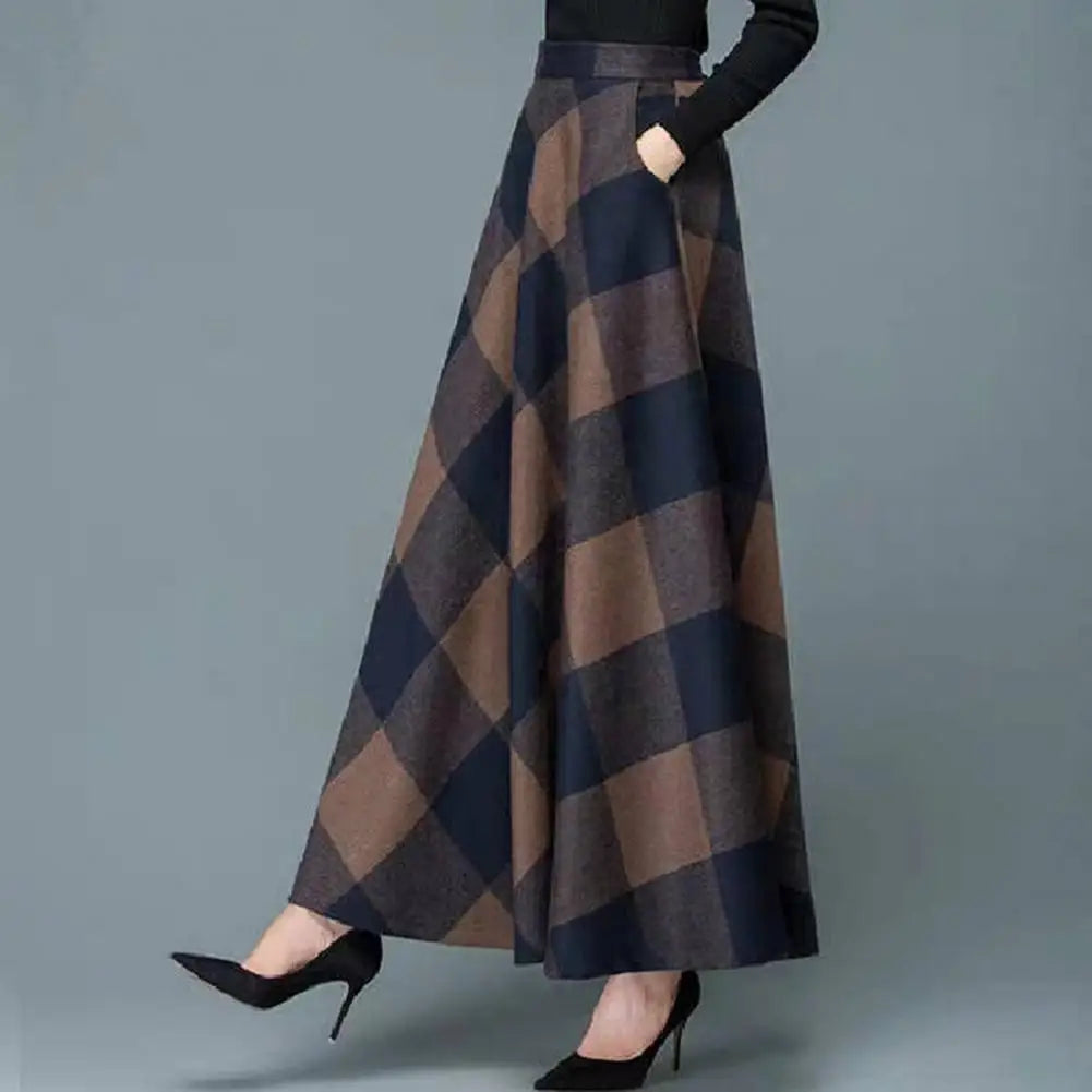 Fashion Office Skirt Temperament Skin-touching Women Square Plaid Print A-Line Office Skirt  Long Skirt    Retro Skirt