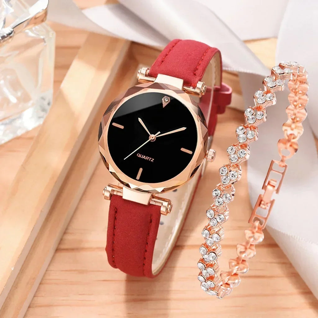 2024 Luxury Fashion Women Watch Set PU Leather Strap Ladies Quartz Wristwatch Rhinestone RoseGold Alloy Bracelet for Ladies Gift