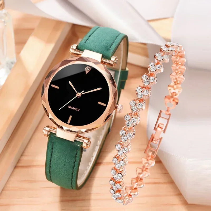 2024 Luxury Fashion Women Watch Set PU Leather Strap Ladies Quartz Wristwatch Rhinestone RoseGold Alloy Bracelet for Ladies Gift