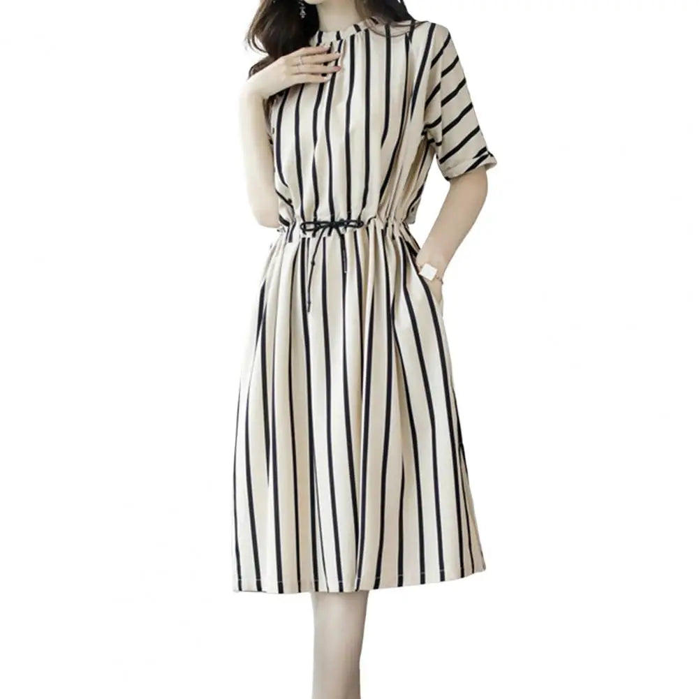 Loose Korean Dress Women Summer O-neck Half Sleeve Slant Pockets Tunic Dress Casual Vertical Striped Print Midi Dress