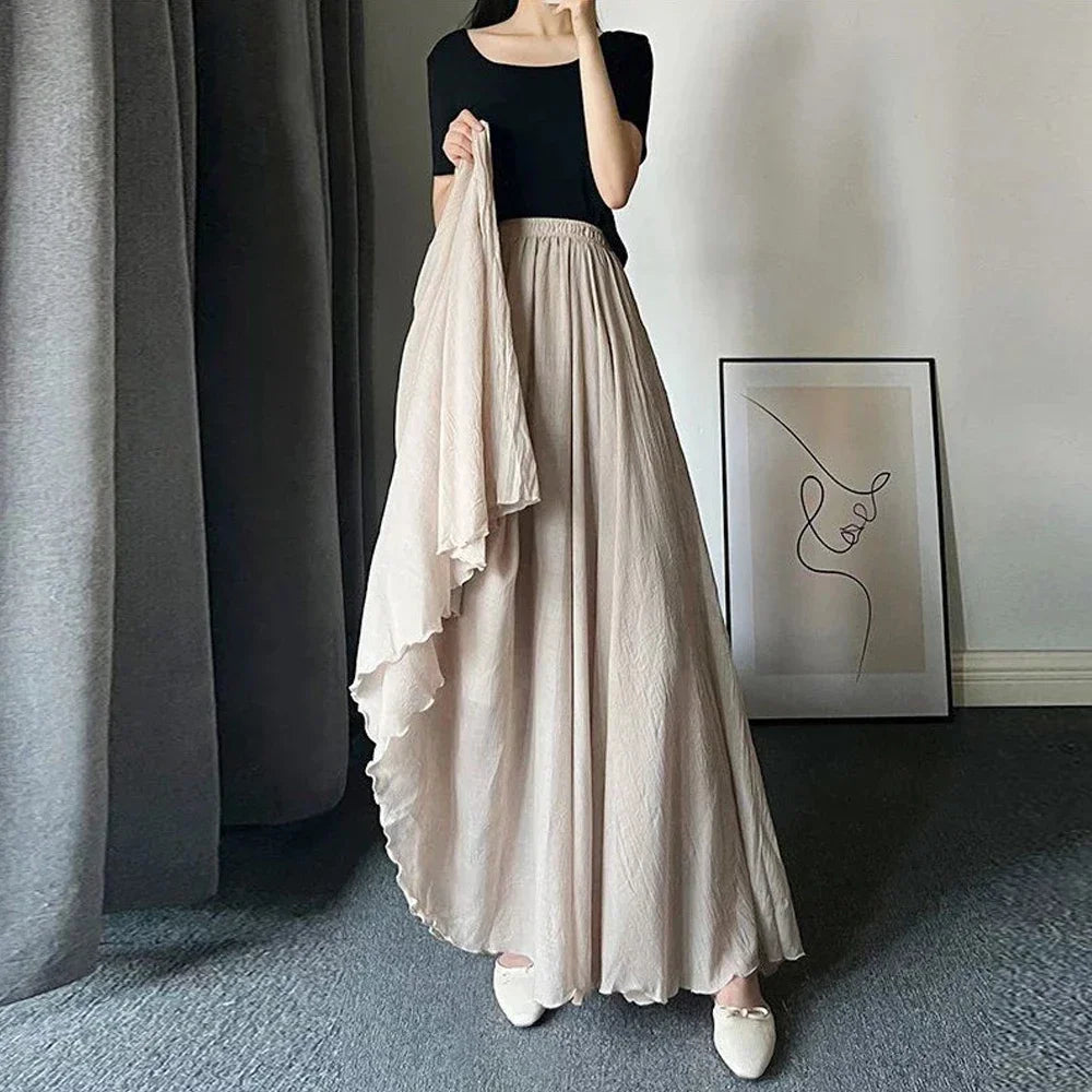 Casual Cotton Linen Effect Pleated Midi Skirt Ladies Elastic Waist A-line Wave Sun Skirt Women Black White Solid Elegant Skirts