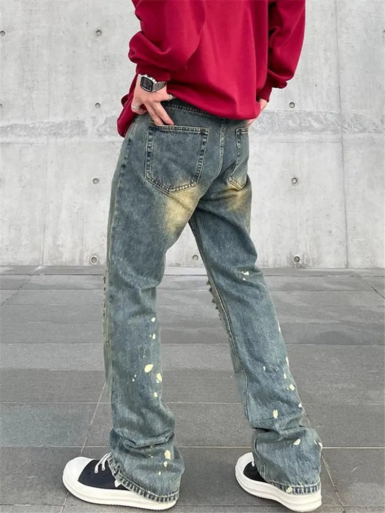 Spring and Autumn High Street Jeans for Men Y2K Straight-leg Pants Splash-ink Button Pocket Washed Trousers A167