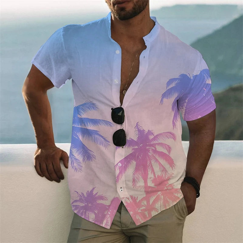 Casual Coconut Tree Graphic Beach Shirts Summer Fashion Short Sleeve Lapel 3D Printed Hawaiian Shirts Mens Loose Vacation Blouse