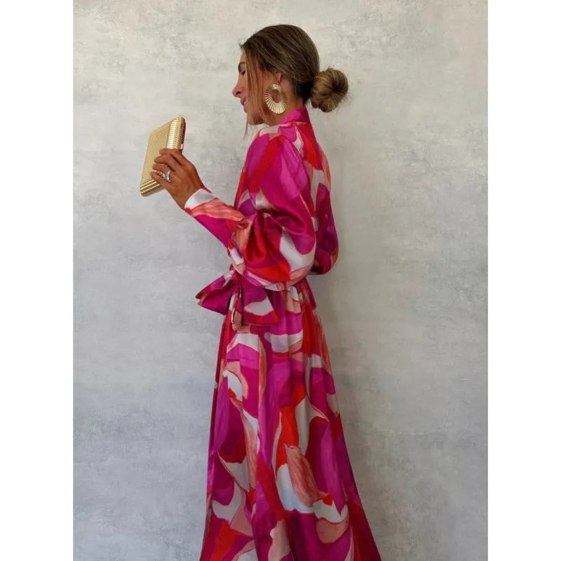 Pink Printed Women's Long Sleeved Dress Autumn New V-neck Cross Tie Lantern Sleeve Irregular Women's Long Dress 2024 Vestido