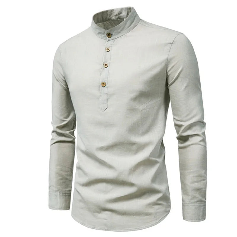 Cotton Linen Hot Sale Men's Long-Sleeved Shirts Summer Solid Color Stand-Up Collar Casual Beach Style Oversized