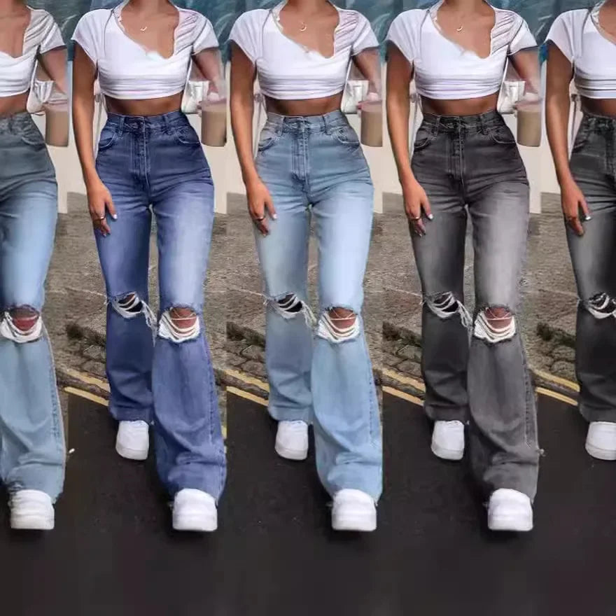 Hole Flare Pants Jean Women Fit Vintage Pockets High Waist Zipper Button Basics Denims Wide Leg Trousers 2025 Casual Jeans