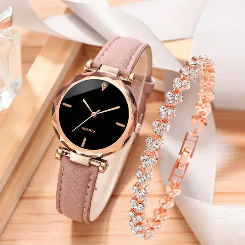 2024 Luxury Fashion Women Watch Set PU Leather Strap Ladies Quartz Wristwatch Rhinestone RoseGold Alloy Bracelet for Ladies Gift