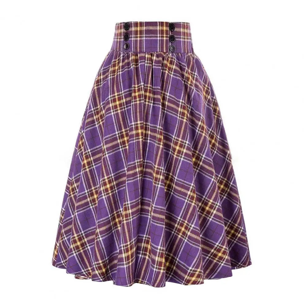 Women A-line Skirt Plaid Print A-line Midi Skirt with Elastic High Waist for Women Stylish Contrast Color Hem Mid-calf for Wear