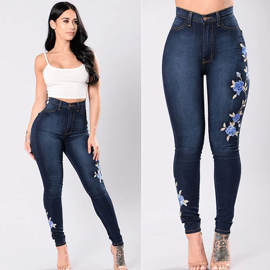 2023 New Women's High Waist Embroidered Jeans Fashion Slim Stretch Denim Pencil Pants Street Trendy Trousers S-3XL Drop Shipping