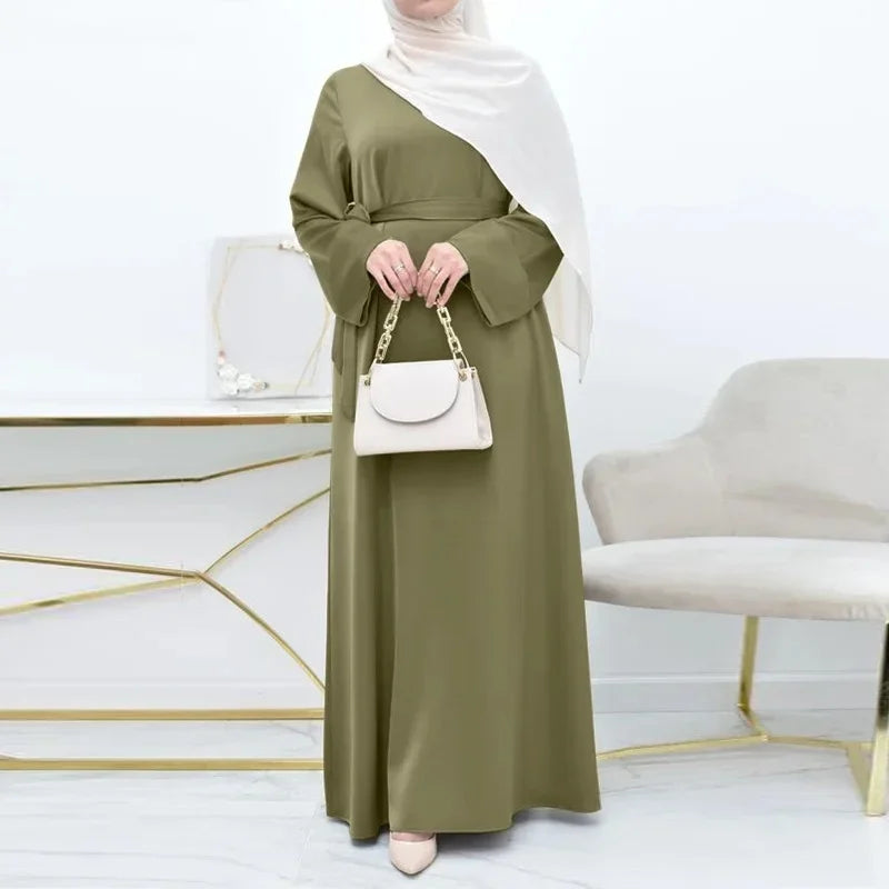 Femme Loose Turkey Kaftan Vintage Spring Muslim Dress Malay Simple Solid Women Abaya O-neck with Belt Big Size Long Sleeves Robe