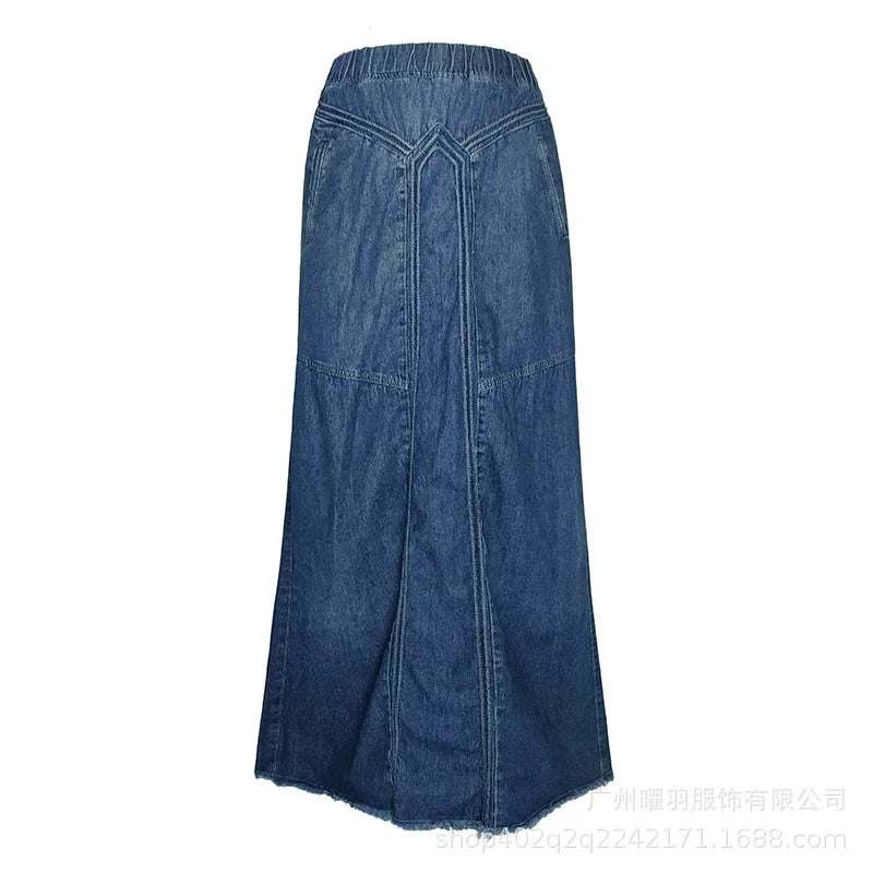 Women Denim Long Skirts Loose A Line Elastic High Waist Skirt Solid Pockets Jeans Casual Elegant Office Lady Autumn 2024