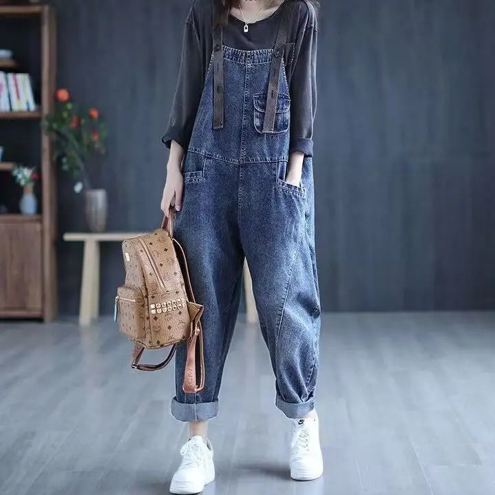 Bleached Jeans Ankle Length Women Overalls Washed Loose Fit Denim Harem Pants Spliced Pockets High Street Jean Solid 2024