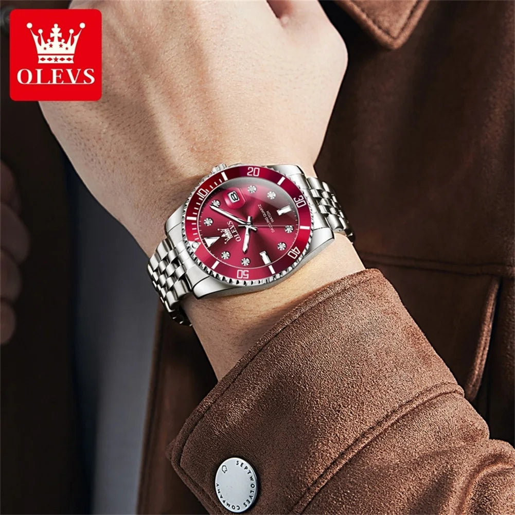 OLEVS 9809 Original Waterproof Quartz Watch For Men Top Brand Calendar Wristwatch Luminous Stainless Steel Business Man Watches