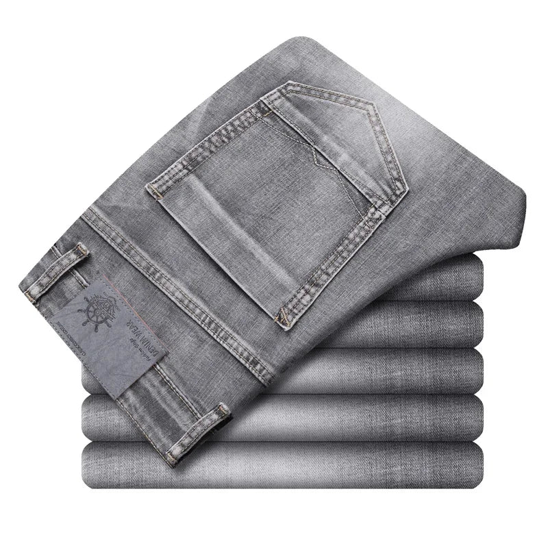 Cotton Stretch Jeans Business Casual Men's Thin Denim Jeans Grey Spring Summer Brand New Fit Straight Lightweight