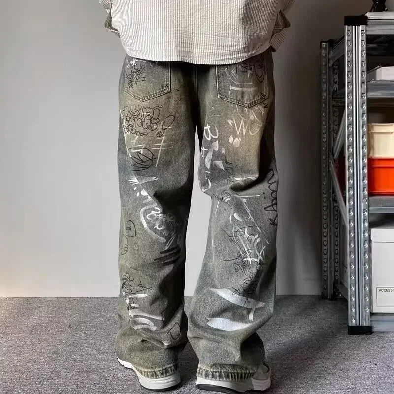 New Graffiti Printed Baggy Jeans For Men Y2K Vintage Distressed Blue Harajuku Denim Pants High Street Straight-leg Jean Trousers