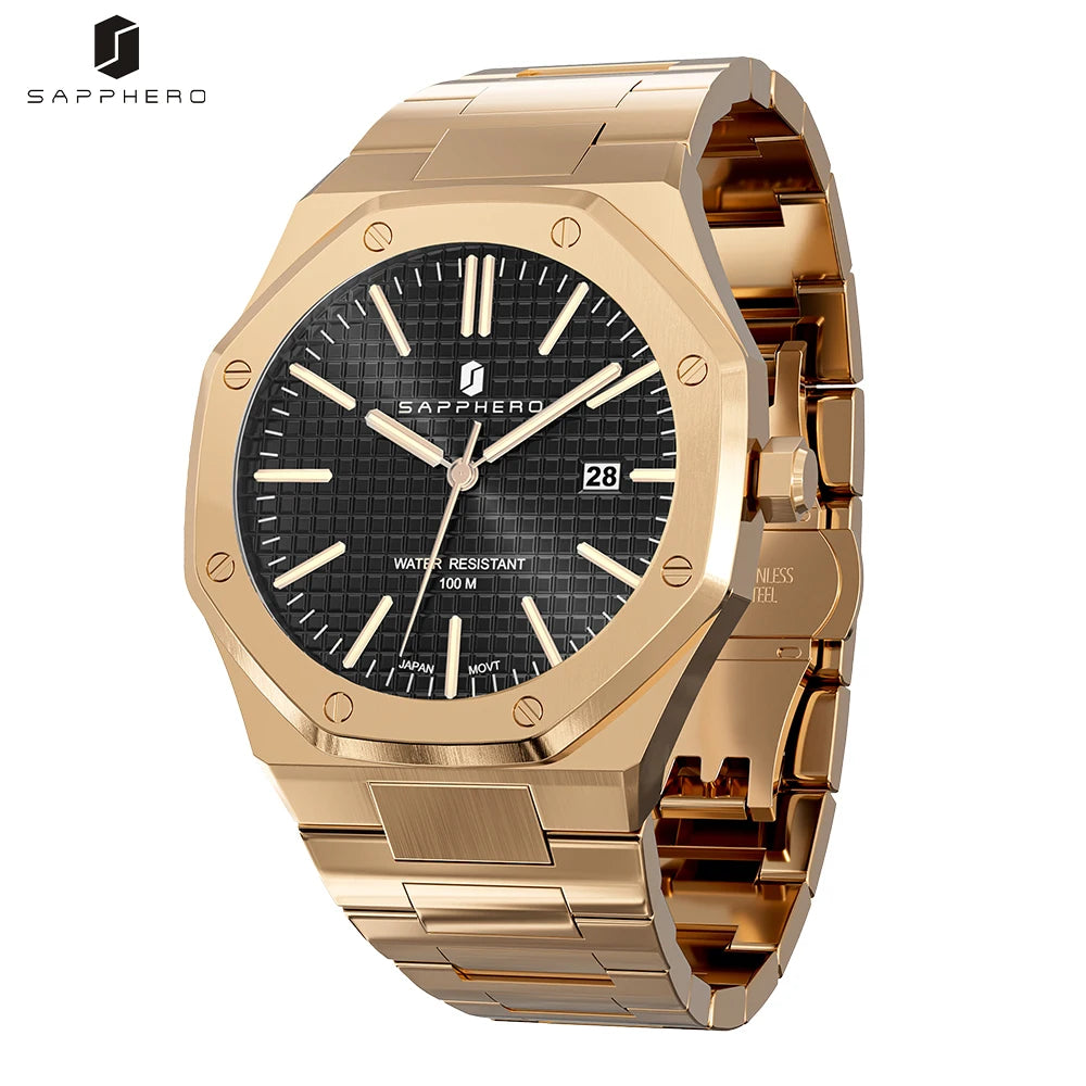 SAPPHERO Rose gold watche octagon Men watches men waterproof watches Quartz Watch  Mens Business Fashion watches for men watche