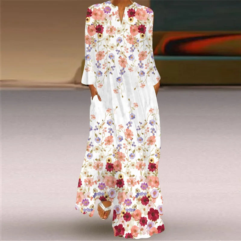 Elegant Bohemian Retro Ethnic Style Large Swing Long Dress 2024 New Women's V-neck Long Sleeved Pocket Printed Loose Dress Femme