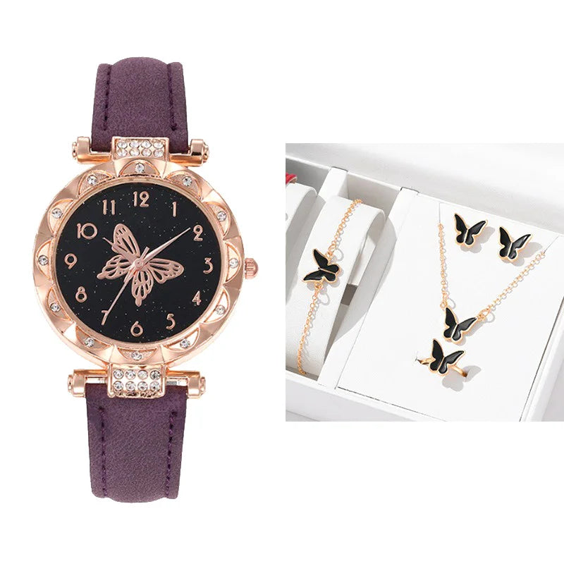 5PCS/Set Fashion Rhinestone Butterfly Women Watch Jewelry Set New Women's Bracelet Watches Waterproof Matching