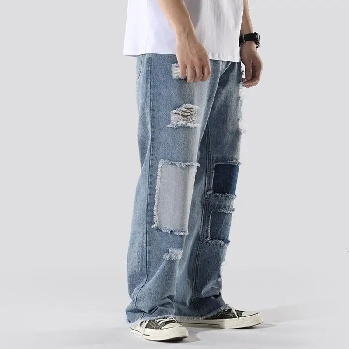 Men patched up torn jeans men loose-fitting trendy jeans blue slacks stretch jeans men's 2025 fashion new trend jean